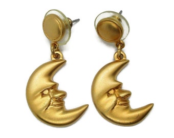 Vintage gold tone half moon dangle earrings, man in the moon earrings for pierced ears