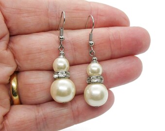 Vintage faux pearl and crystal dangle earrings, white pearl dangle earrings for pierced ears
