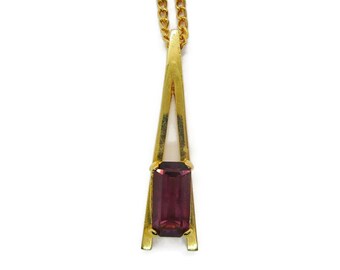 Avon gold tone modernist pendant with purple glass stone, vintage pendant and chain