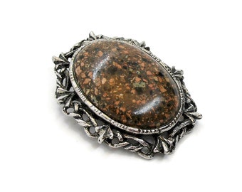 Big speckled jasper brooch, large vintage gemstone pin, can be worn as pendant