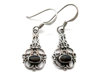 Vintage sterling silver filigree drop earrings with black stone centre