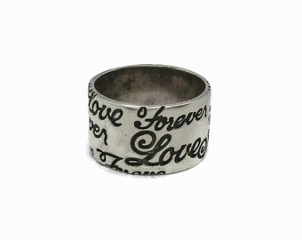 Sterling silver love ring, romantic wide band ring with etched words, size M Aus, 6 US