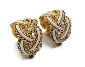 Big cream and gold tone woven half hoop clip earrings, large vintage clip ons