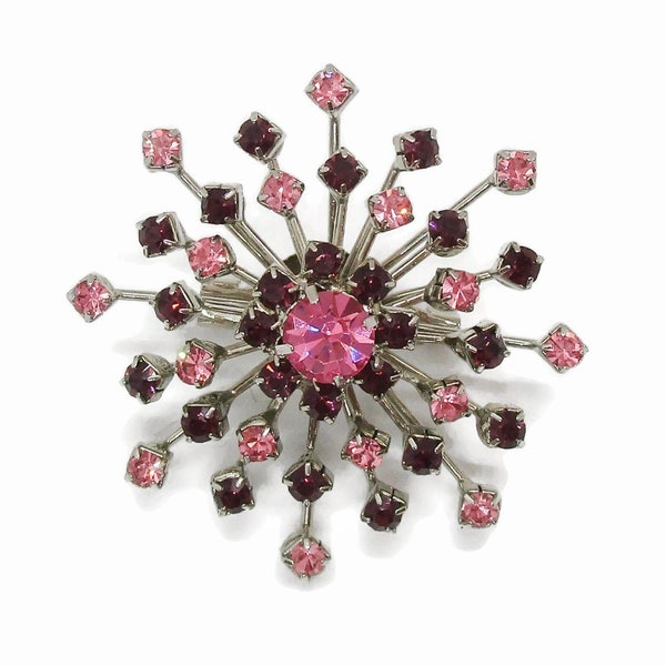 Vintage brooch, sparkly pink rhinestone starburst brooch