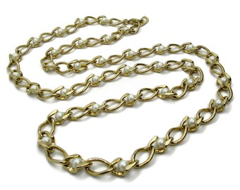Vintage gold tone and faux pearl long chain necklace
