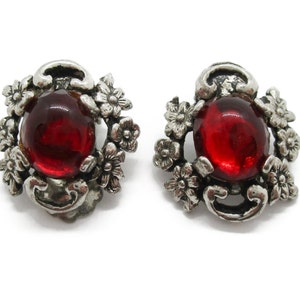 Vintage red glass clip on earrings, red and silver floral clip earrings image 1