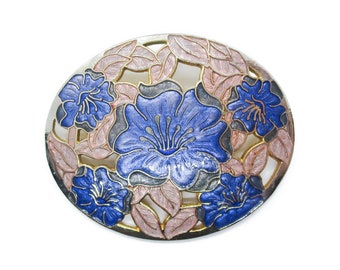 Large vintage pink and blue flower cloisonne enamel brooch