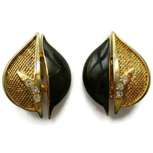 Large vintage gold and black statement clip on earrings with rhinestones