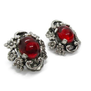 Vintage red glass clip on earrings, red and silver floral clip earrings image 2