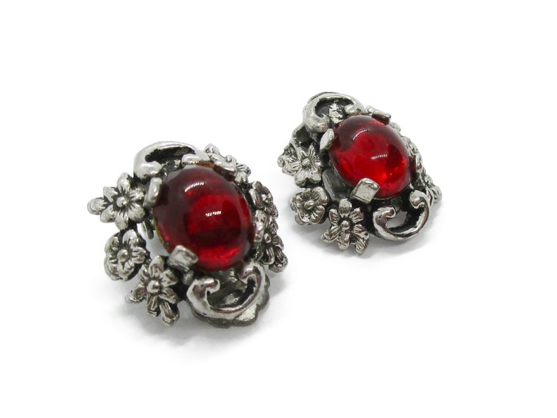 Vintage red glass clip on earrings, red and silver floral clip earrings image 2