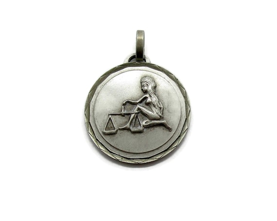 Vintage Libra pendant, large round silver zodiac p