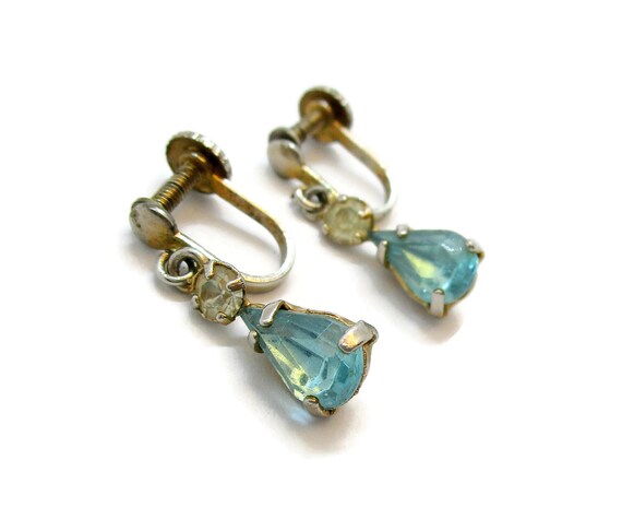 Blue teardrop rhinestone screw back earrings, vint