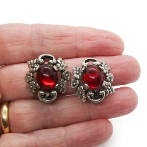 Vintage red glass clip on earrings, red and silver floral clip earrings image 5