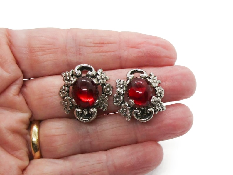 Vintage red glass clip on earrings, red and silver floral clip earrings image 5