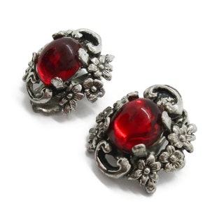 Vintage red glass clip on earrings, red and silver floral clip earrings image 3