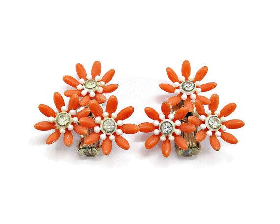 Vintage clip on earrings, orange plastic flower cl