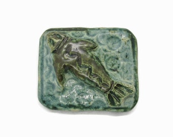 Vintage ceramic brooch, green ceramic fish lapel pin