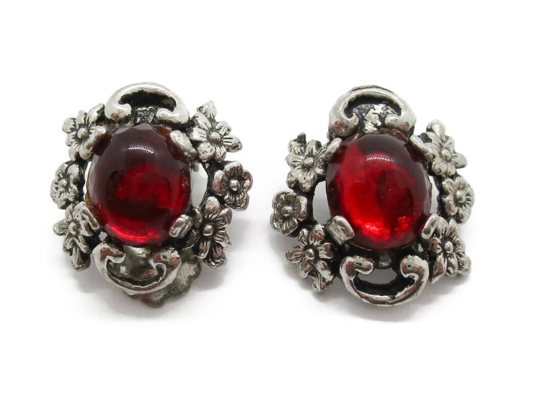 Vintage Red Glass Clip on Earrings Red and Silver Floral Clip Etsy