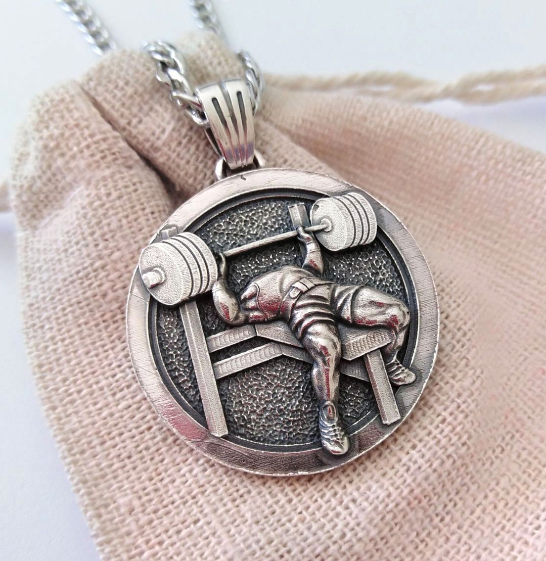 Aged Silver 925 Pendant Barbell Bench Press, Men Silver 925 Fitness