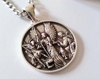Oxidized Silver 925 St Michael Archangels Pendant | Handcrafted Aged Silver 925 Raphael Archangel Necklace | Men's Gabriel Archangel Pendant
