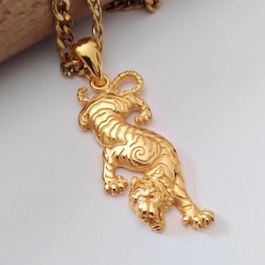 Yellow Gold Descending Tiger Pendant | Handcrafted Silver 925 Tiger Necklace | Men&#39;s Silver Tiger Pendant | Women Yellow Gold Tiger Necklace