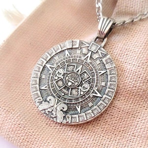 Oxidized Silver 925 Aztec Calendar Sun Pendant | Handmade Silver 925 Aztec Calendar Pendant | Aztec Solar Pendant | Men&#39;s Aztec Sun Pendant