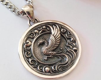 Oxidized Silver 925  Phoenix Medallion Pendant | Vintage Style Sterling Silver Phoenix Necklace | Ornate Mythological Phoenix Necklace