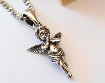 Colgante de ángel bebé rezando en plata 925 oxidada / Collar de ángel bebé en plata de ley envejecida hecho a mano / Colgante de ángel bebé en plata 925 para mujer