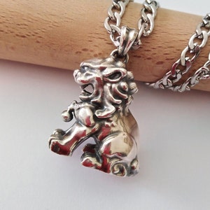 Aged Silver Foo Dog Pendant | Oxidized Sterling Silver Guardian Lion Pendant | Silver 925 Foo Dog Jewelry | Men's Silver 925 Foo Dog Pendant