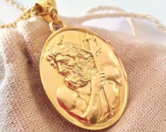 Yellow Gold Plated Poseidon Pendant | Silver 925 Poseidon's Trident Pendant | Men's Silver 925 Pendant | Men's Poseidon Trident Pendant