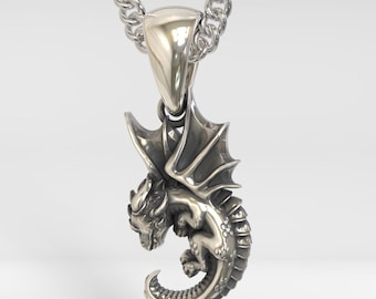 Oxidized Silver 925 Dragon Pendant | Handcrafted Silver 925 Dragon Pendant | Unisex Baby Dragon Pendant | Women's Aged Silver Dragon Pendant