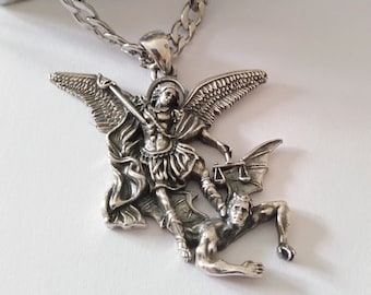 Oxidized Silver 925 St Michael Archanhel Pendant | Handcrafted Aged Silver 925 St Michael Archangel  Necklace | Men's St Michael Archangel
