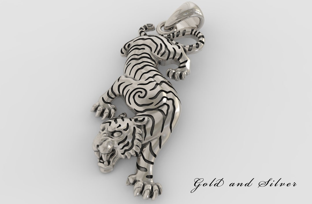 Aged Silver 925 Descending Tiger Pendant, Silver Tiger Necklace, Men’s