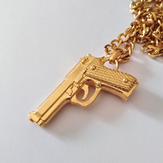 Ciondolo a forma di pistola placcato oro giallo / Collana a forma di pistola in argento 925 realizzata a mano / Ciondolo a forma di pistola in argento 925 da uomo