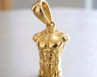 Yellow Gold Plated Male Torso Pendant | Hancrafted Silver 925 Muscular Body Necklace | Fitness Jewelry | Sterling Silver Bodybuilder Pendant