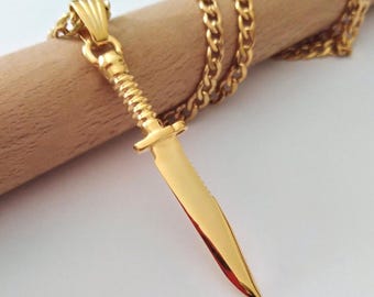 Yellow Gold Plated Knife Pendant | Handcrafted Sterling Silver Knife Necklace | Survival Knife Pendant | Men Silver Pendant | Knife Pendant