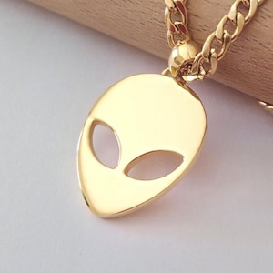 Colgante con cabeza de alienígena chapado en oro / Joyería minimalista extraterrestre / Collar OVNI de plata maciza 925 / Joyería de ciencia ficción / Collar espacial