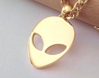 Gold Plated Alien Head Pendant | Silver 925 Alien Necklace | Gold Plated Alien Pendant | Science Necklace | UFO Pendant | Alien Pendant