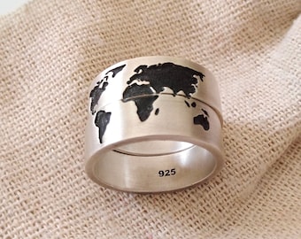 Oxidized Silver 925 Handmade Earth Map Ring, Map Ring, Globe Map Ring, Men's Earth Map Ring, Women's Silver Earth Mar Ring, Traveller's Ring
