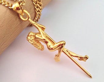 Gold Plated Pole Dancer Pendant | Sterling Silver Lady Dancer Necklace  | Women's Pole Dancing Pendant | Gold Plated Brass Pole Dancer