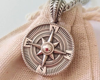 Oxidized Silver 925 Nautical Compass Pendant | Handcrafted Aged Sterling Silver Compass  Necklace | Men's Compass Pendant | Women's Compass