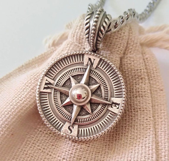 Aged Silver 925 Compass Pendant Men s Oxidized Sterling Silver Compass Pendant Silver 925 Nautical Jewelry Silver 925 Sailor s Pendant Etsy