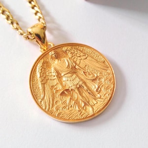 Yellow Gold St Michael Archangel Pendant | Handcrafted Silver 925 St Michael Archangel Necklace | Men&#39;s Gold St Michael Archangel Pendant