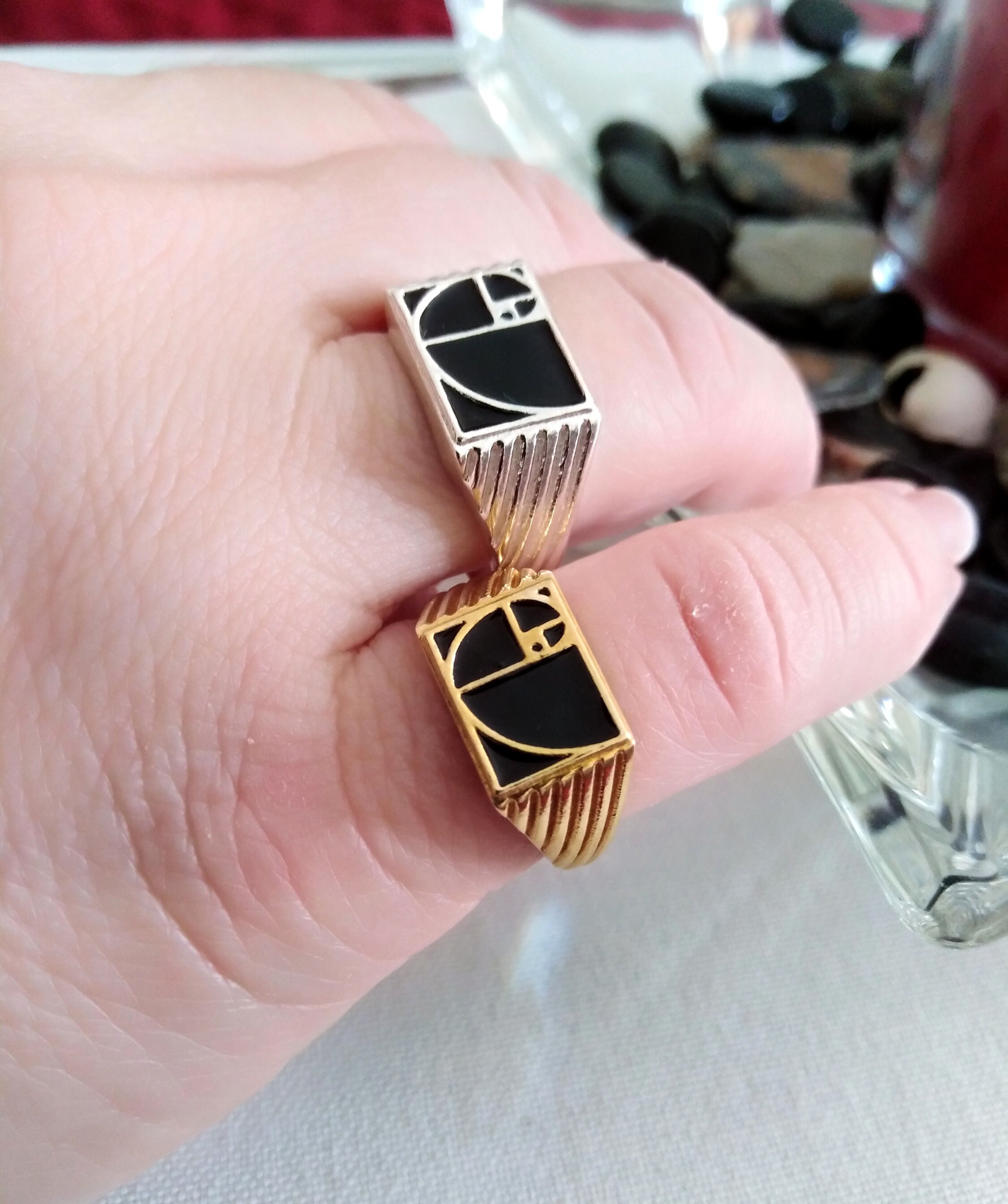Realmente 925 Plata Esterlina Geometría Esmalte Negro Anillo Realmente 925 Plata Esterlina Geometría Esmalte Negro Anillo