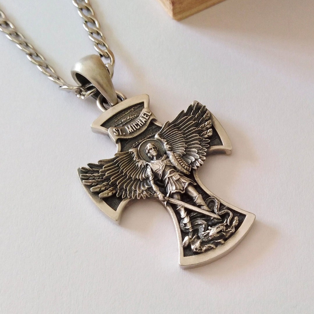 Aged Silver 925 St Michael Archangel Pendant Silver 925 St Michael Archangel Necklace Men Aged