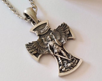 Oxidized Silver 925 St Michael Archangel Protector Pendant | Handcrafted Aged Sterling Silver St Michael Archangel on a Cross Necklace