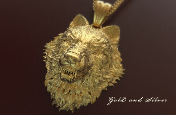 Gold Wolf Pendant Silver 925 Handmade 