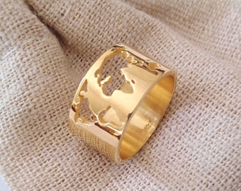 Gold World Map Ring, Earth Map Ring, Women's World Map Ring, Men's World Map Ring, Traveller's Ring, Women's Sterling Silver World Map Ring