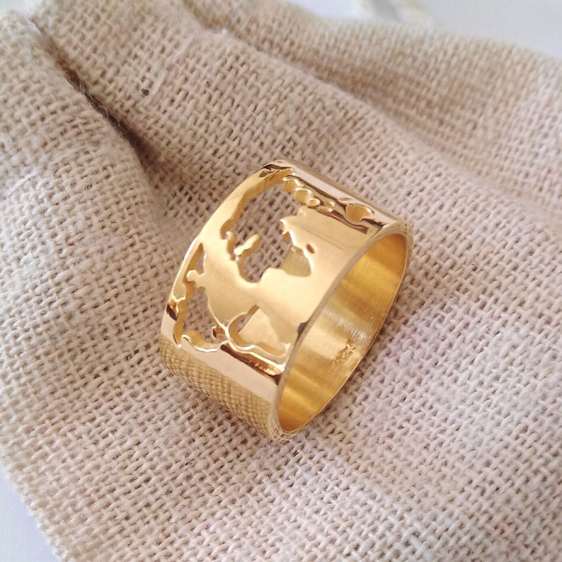 Gold World Map Ring, Earth Map Ring, Women's World Map Ring, Men's World Map Ring, Traveller's Ring, Women's Sterling Silver World Map Ring Gold over Silver 925