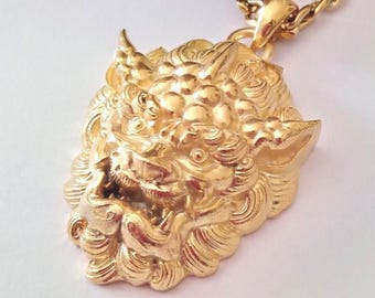 Yellow Gold Plated Foo Dog Pendant | Sterling Silver Foo Dog Necklace | Chinese Guardian Lion Head Pendant | Asian Mythical Creature